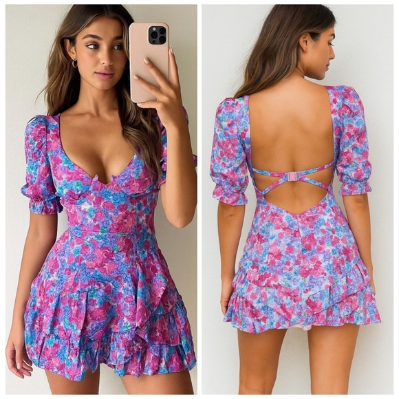 For Love And Lemons Dresses & Skirts - NWT FOR LOVE AND LEMONS Angie Puff Sleeve Corset Mini Dress Pink Floral Small